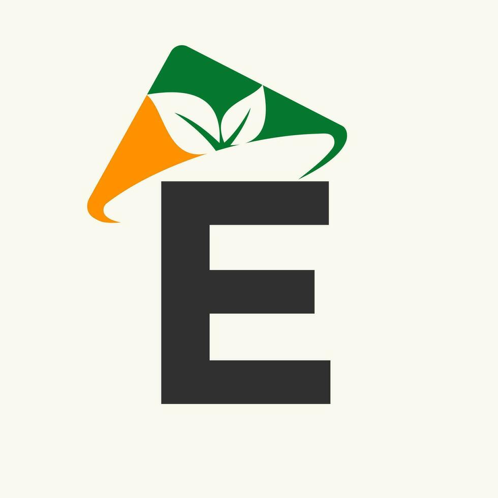 Agriculture Logo On Letter E Concept With Farmer Hat Icon. Farming Logotype Template vector