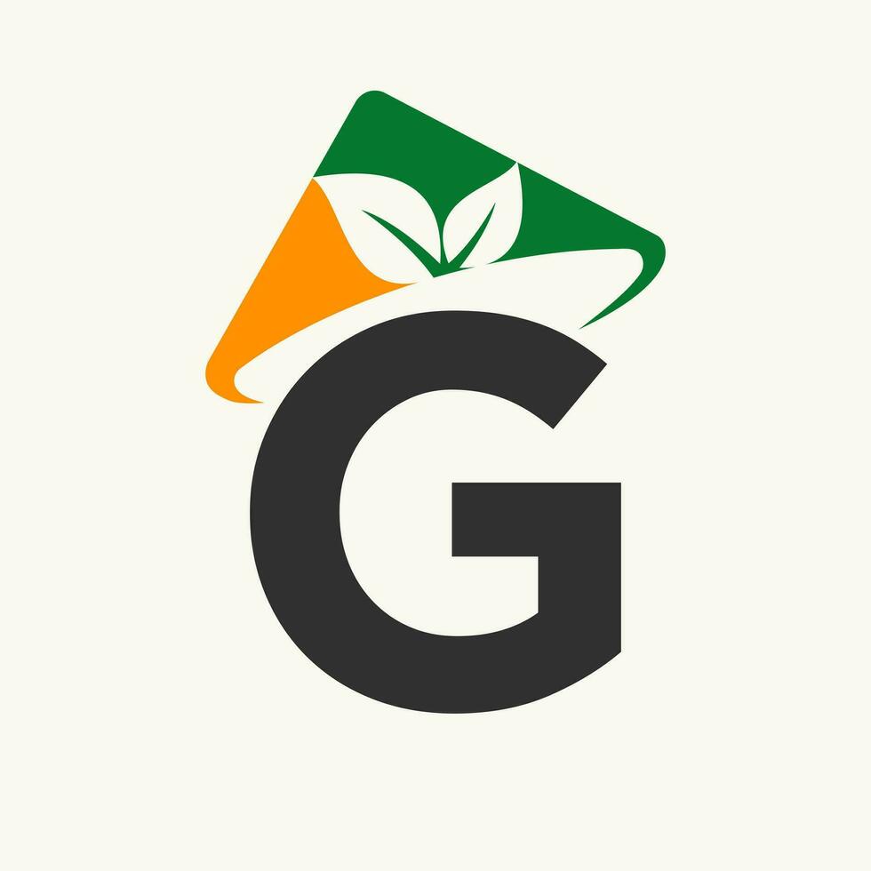 Agriculture Logo On Letter G Concept With Farmer Hat Icon. Farming Logotype Template vector