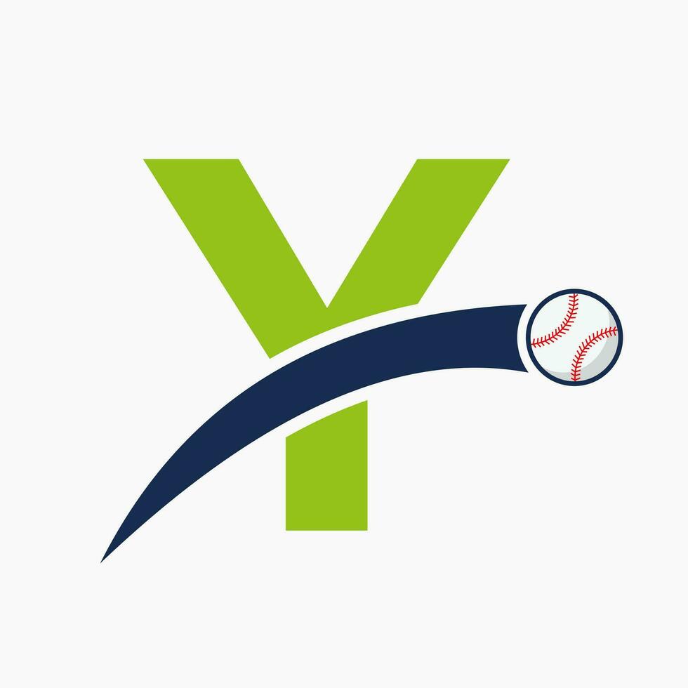 béisbol logo en letra y con Moviente béisbol icono. béisbol logotipo modelo vector
