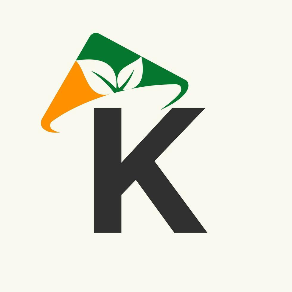 Agriculture Logo On Letter K Concept With Farmer Hat Icon. Farming Logotype Template vector
