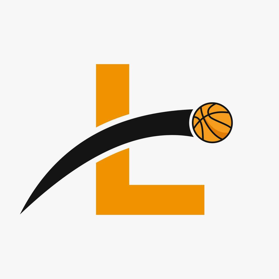 Basketball Logo On Letter L With Moving Basketball Icon. Basket Ball Logotype Symbol vector