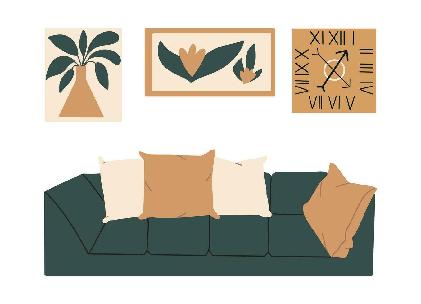 Modern interior design in Scandinavian style. Sofa with pillows and paintings. Living room. Vector illustration.