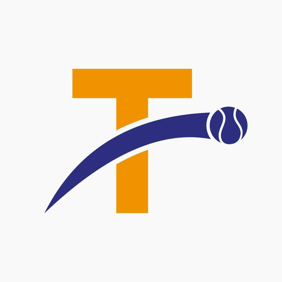 tenis logo en letra t con Moviente tenis pelota icono. tenis logo modelo vector