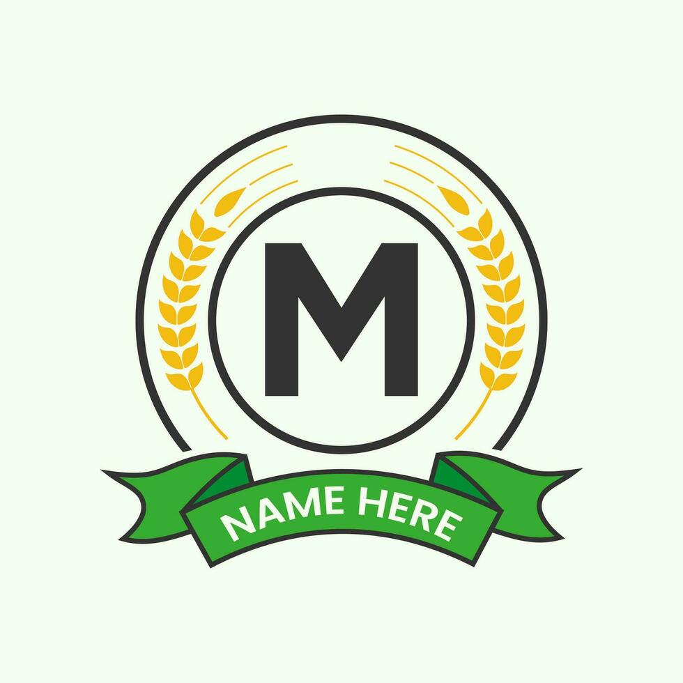 Agriculture Logo On Letter M Concept. Agro Farming Logotype for Bakery, Bread, Cake, Cafe, Pastry Identity vector