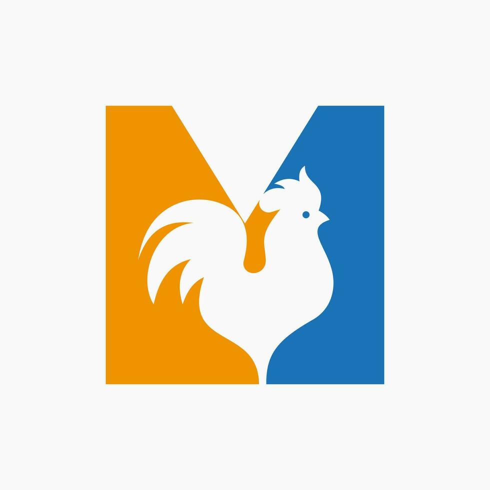Letter M Poultry Logo With Hen Symbol. Chicken Logo, Rooster Sigh Vector Template