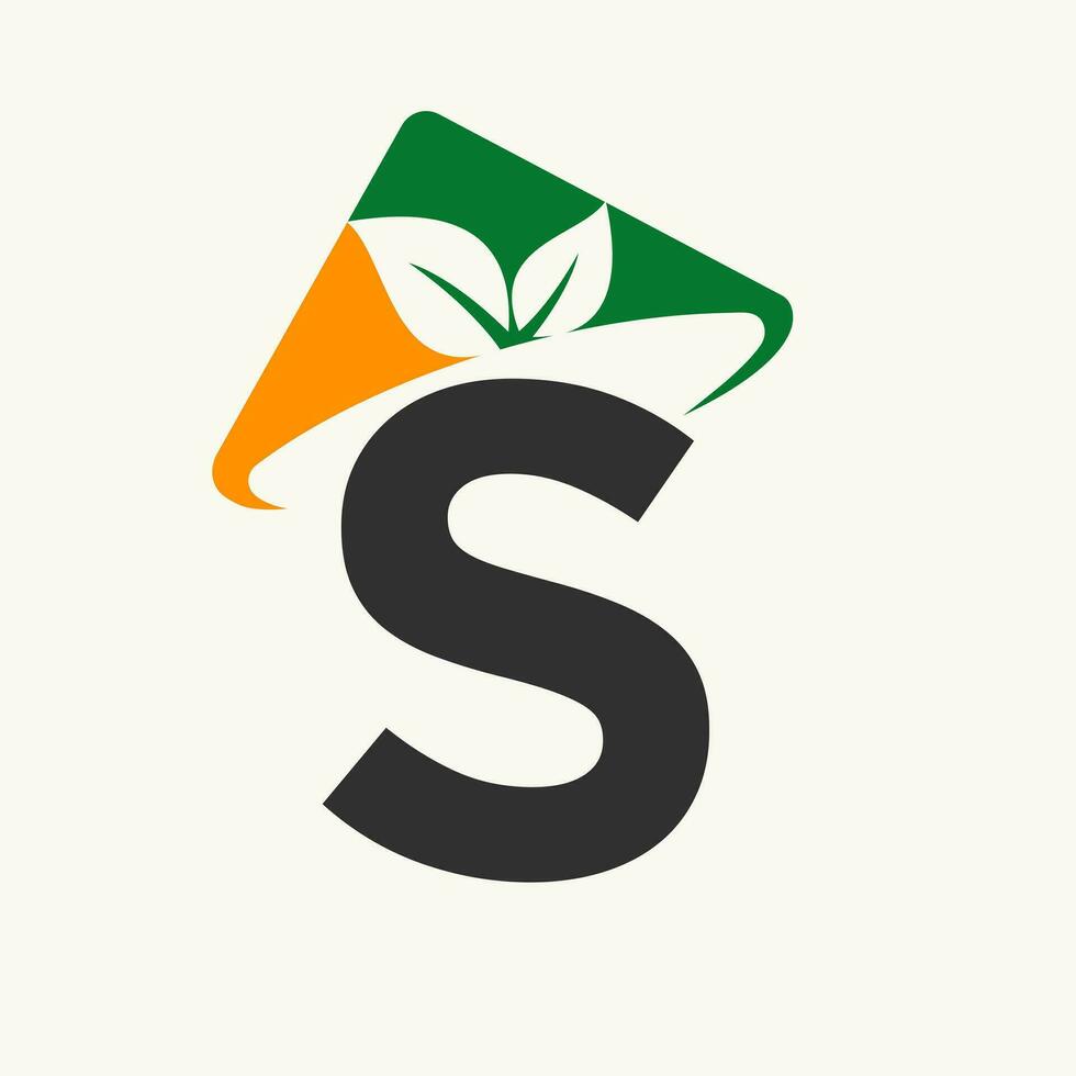 Agriculture Logo On Letter S Concept With Farmer Hat Icon. Farming Logotype Template vector
