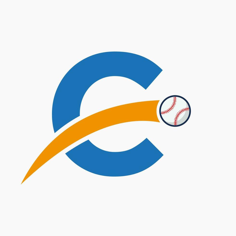 Baseball Logo On Letter C With Moving Baseball Icon. Baseball Logotype Template vector