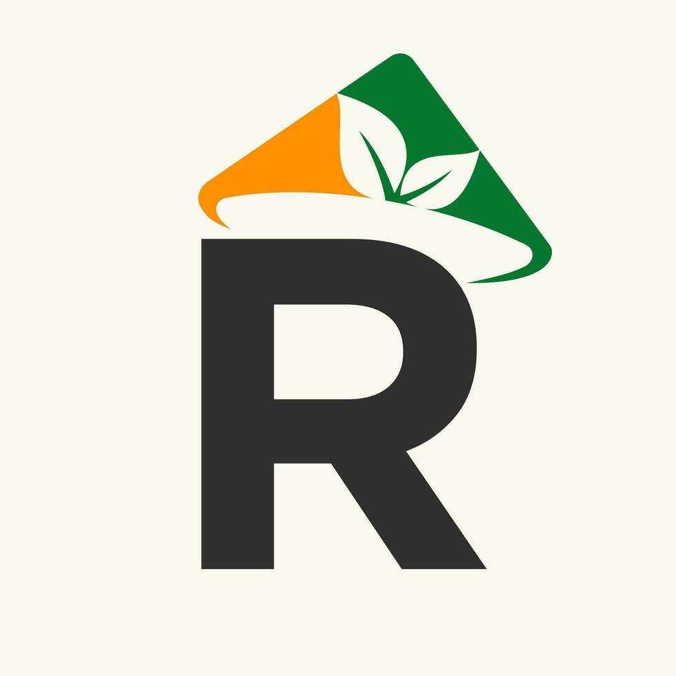 Agriculture Logo On Letter R Concept With Farmer Hat Icon. Farming Logotype Template vector
