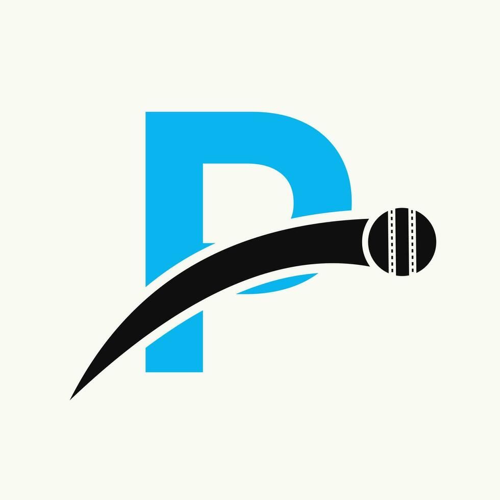 Cricket Logo On Letter P With Moving Cricket Ball Icon. Cricket Ball Logo Template vector