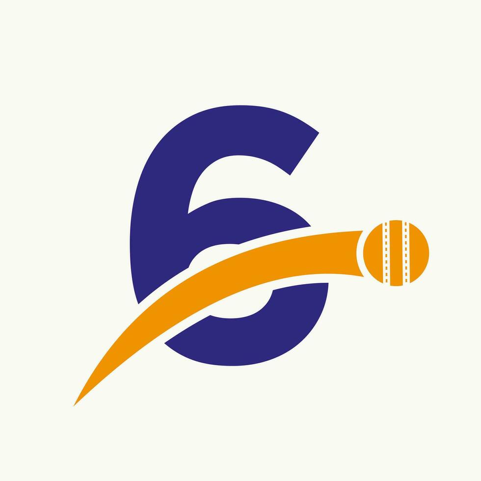 Cricket Logo On Letter 6 With Moving Cricket Ball Icon. Cricket Ball Logo Template vector