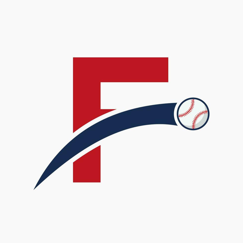 béisbol logo en letra F con Moviente béisbol icono. béisbol logotipo modelo vector