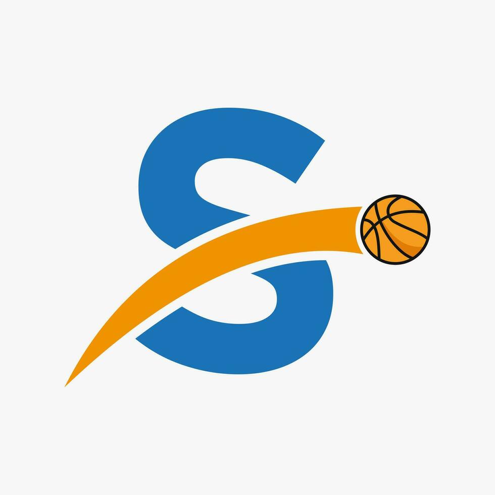 Basketball Logo On Letter S With Moving Basketball Icon. Basket Ball Logotype Symbol vector