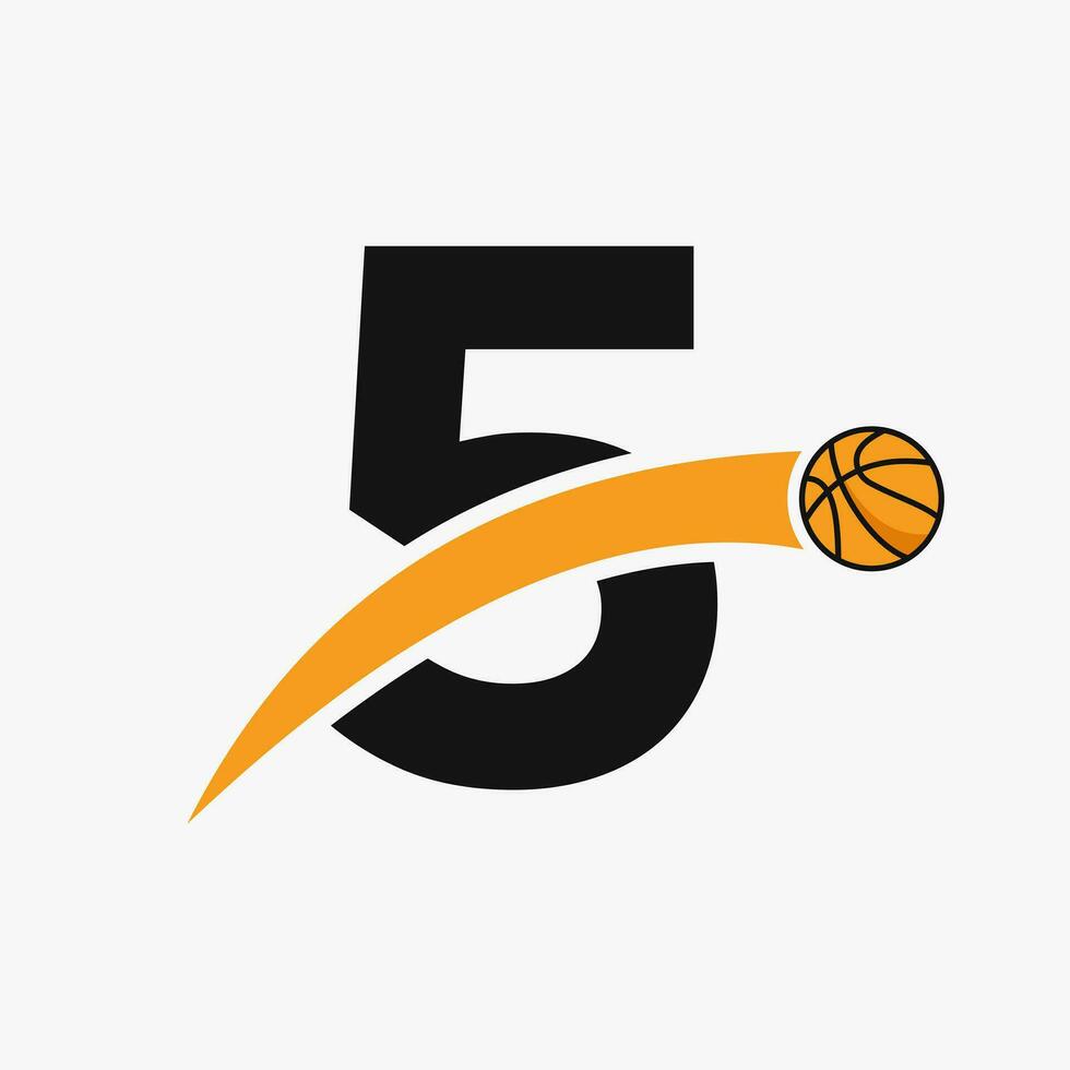Basketball Logo On Letter 5 With Moving Basketball Icon. Basket Ball Logotype Symbol vector