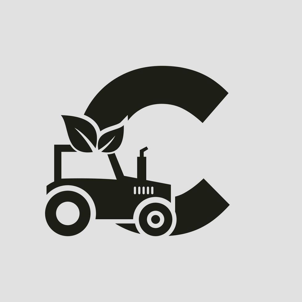 Letter C Agriculture Logo Concept With Tractor Icon Vector Template. Eco Farm Symbol