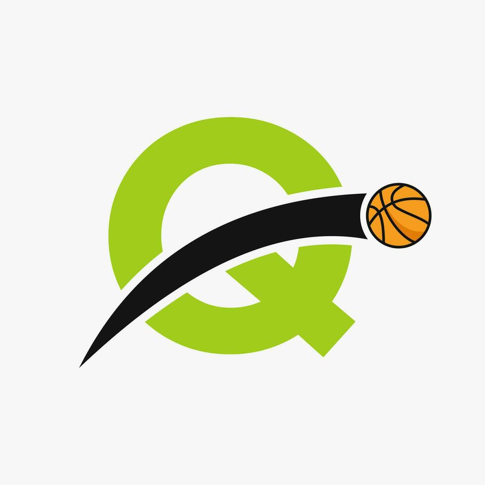 Basketball Logo On Letter Q With Moving Basketball Icon. Basket Ball Logotype Symbol vector