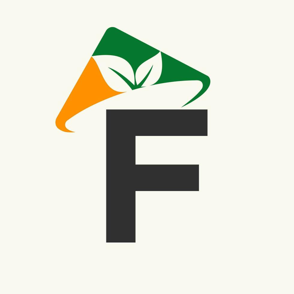 Agriculture Logo On Letter F Concept With Farmer Hat Icon. Farming Logotype Template vector
