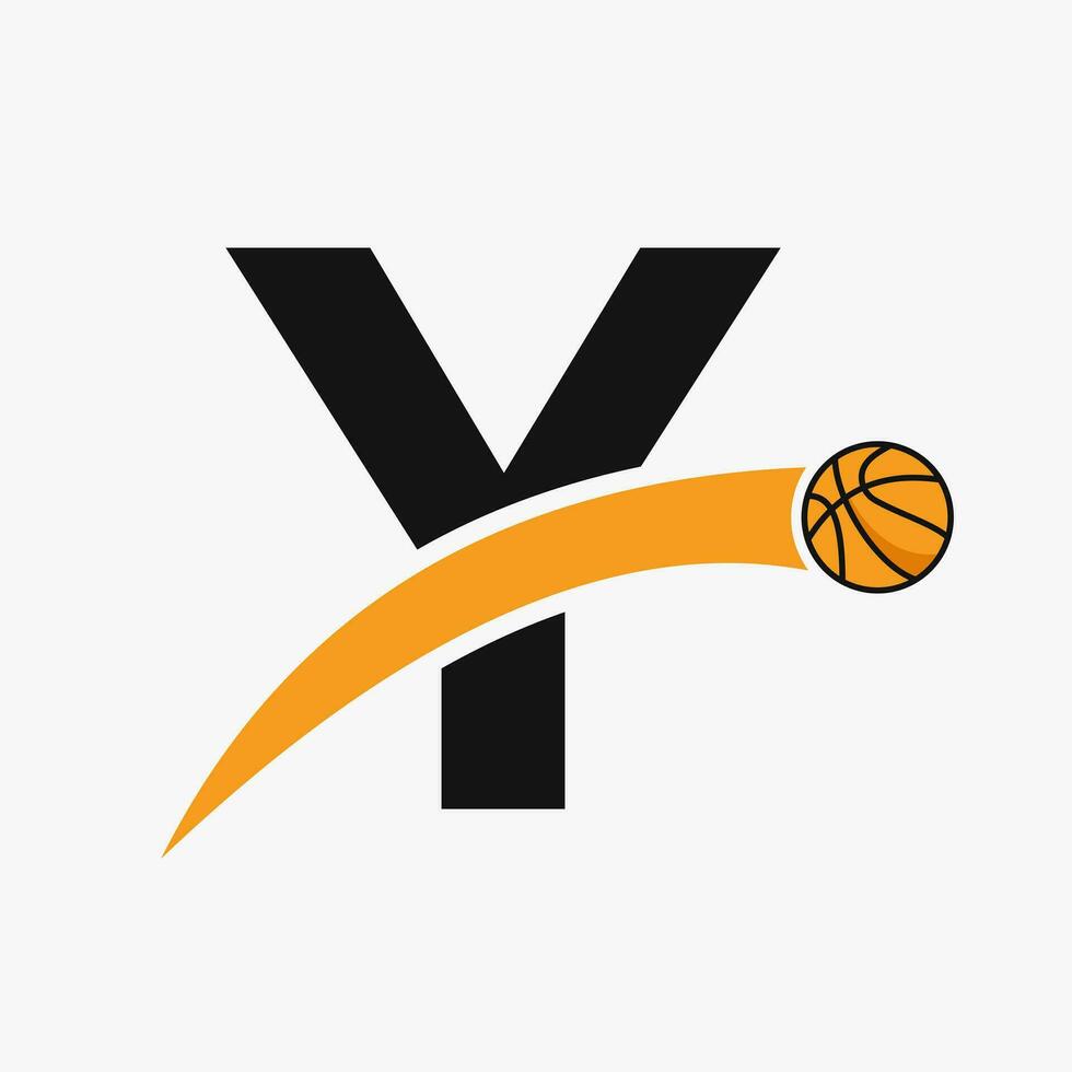 Basketball Logo On Letter Y With Moving Basketball Icon. Basket Ball Logotype Symbol vector