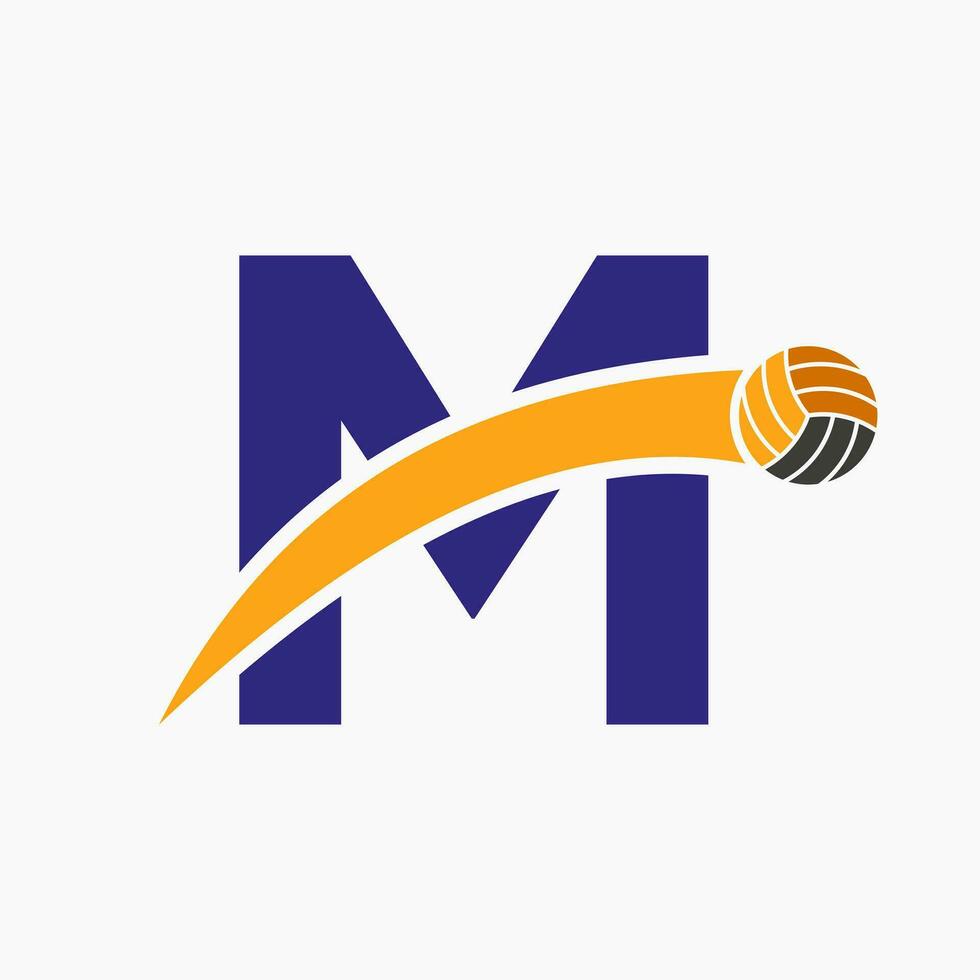 Volleyball Logo On Letter M With Moving Volleyball Ball Icon. Volley Ball Symbol vector