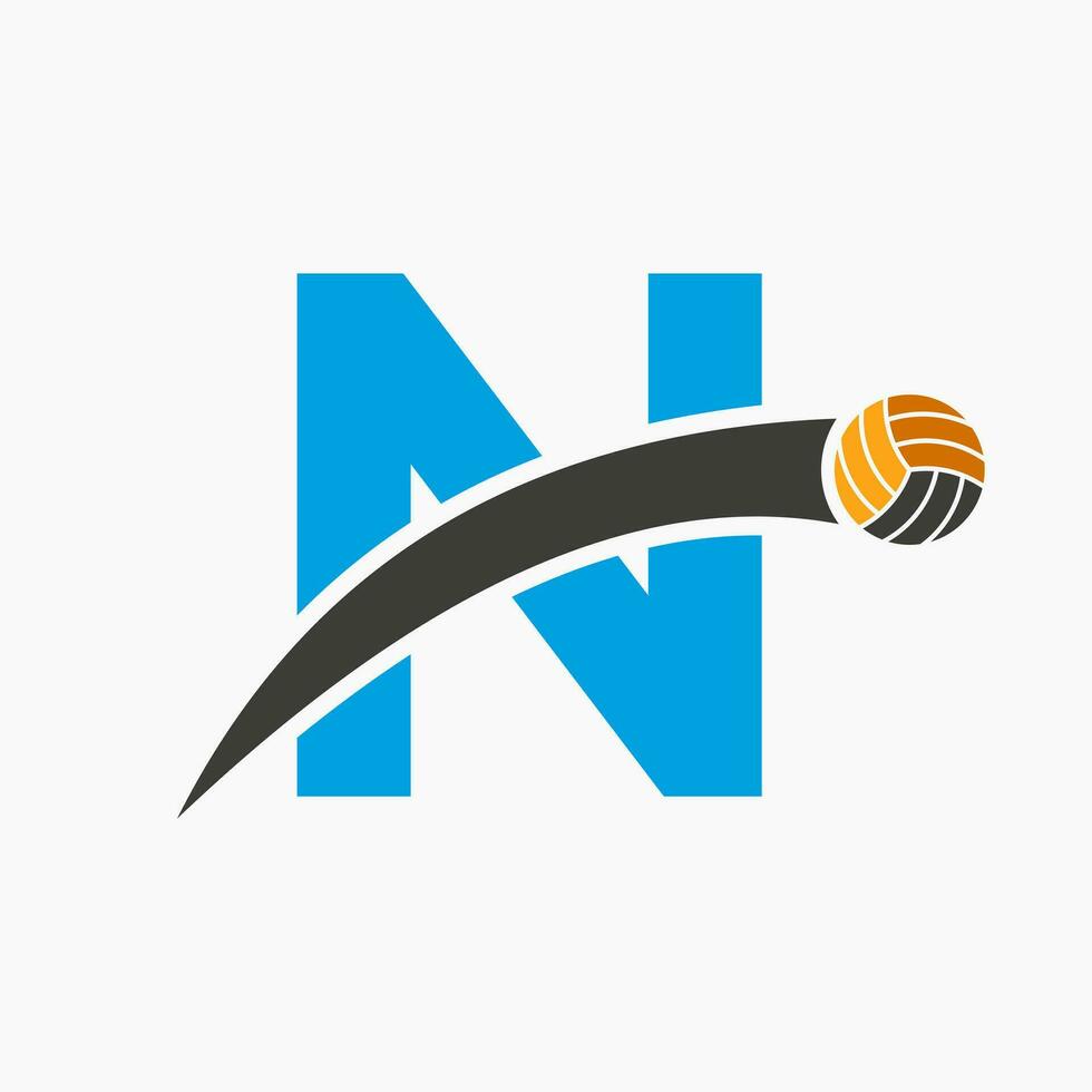 Volleyball Logo On Letter N With Moving Volleyball Ball Icon. Volley Ball Symbol vector