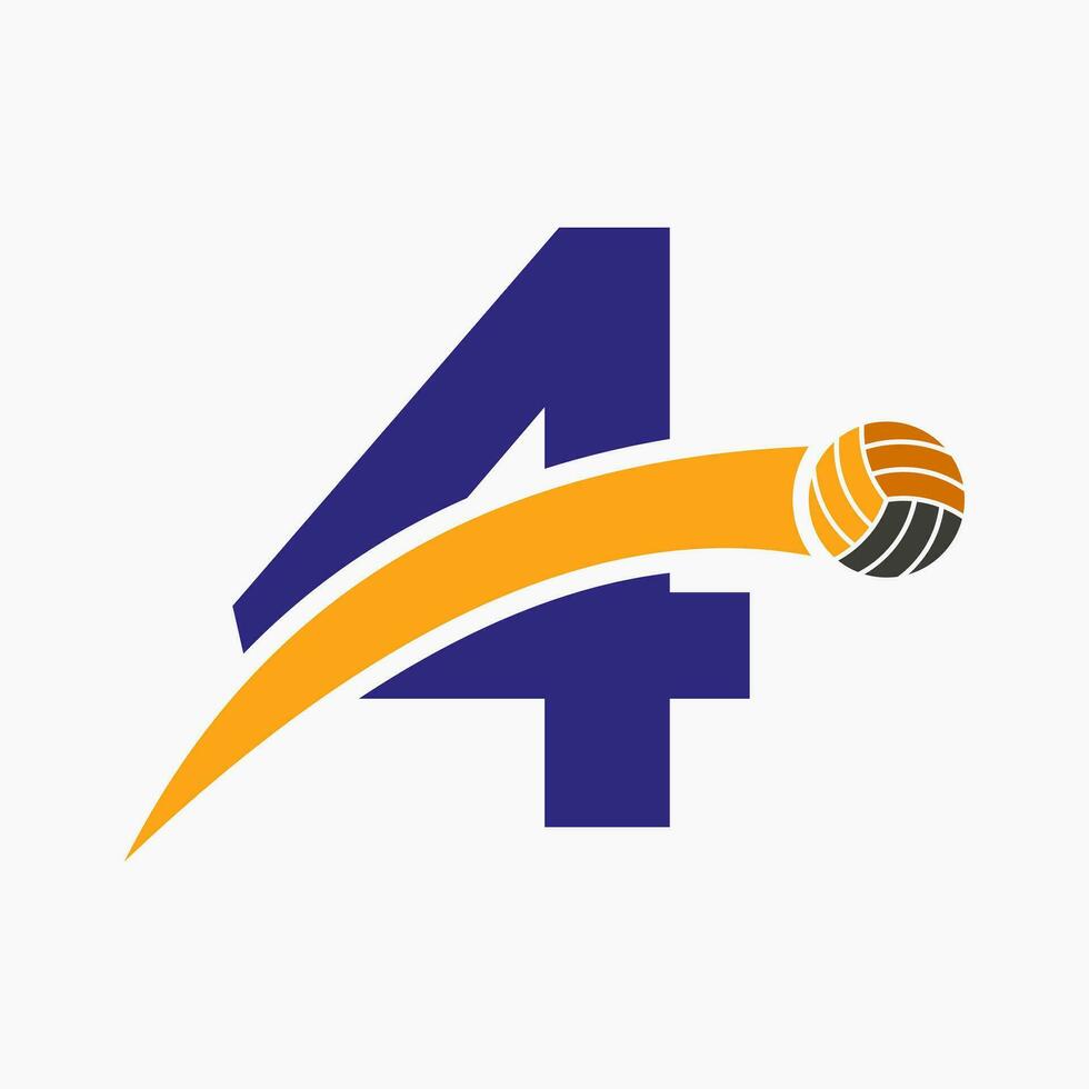 Volleyball Logo On Letter 4 With Moving Volleyball Ball Icon. Volley Ball Symbol vector