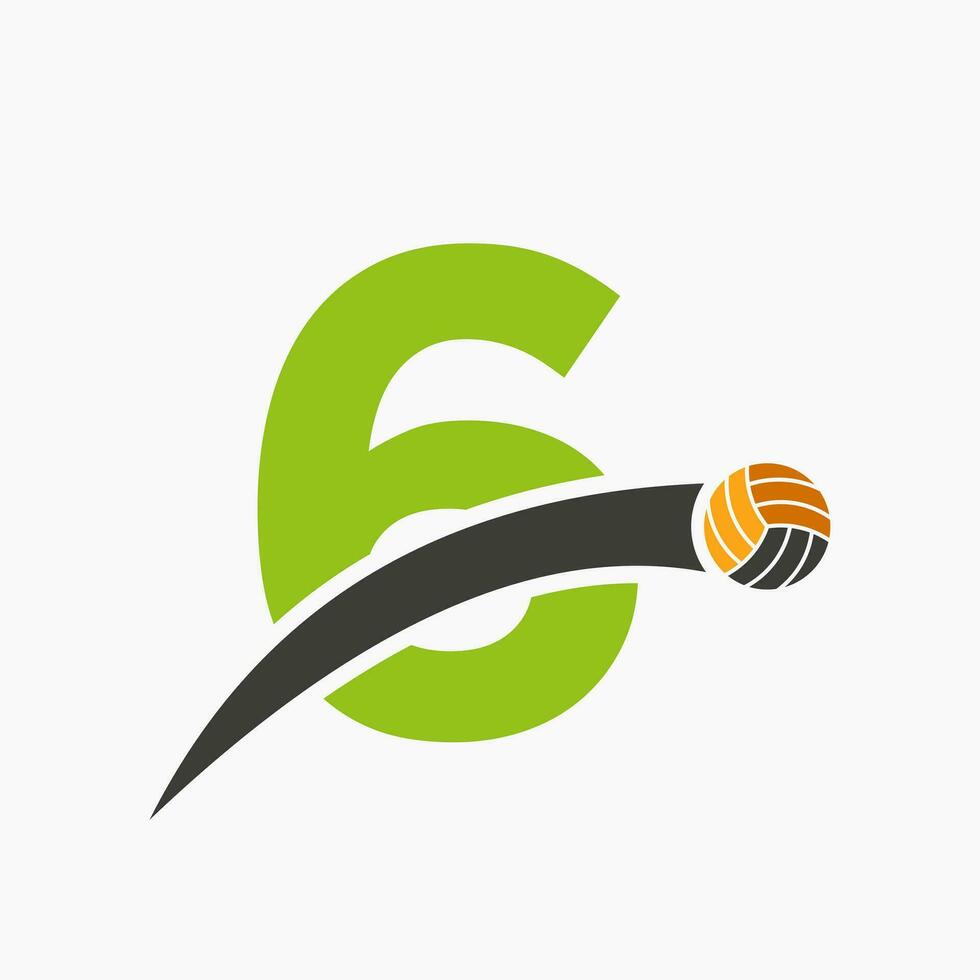Volleyball Logo On Letter 6 With Moving Volleyball Ball Icon. Volley Ball Symbol vector