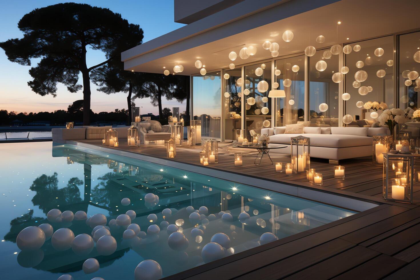 Sea view beach luxury on the beach with couches and cabanas against the sea. Villa or hotel resort concept by photo