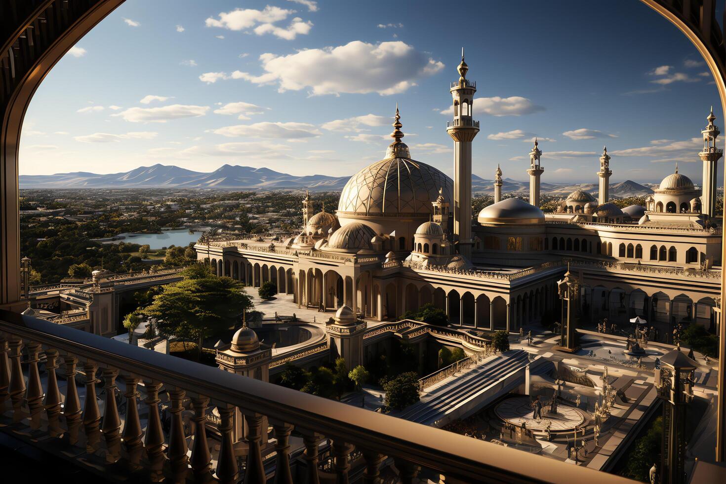 Awesome buildings of mosque in ramadan vibes. Ramadan kareem eid mubarak islamic mosque concept by photo