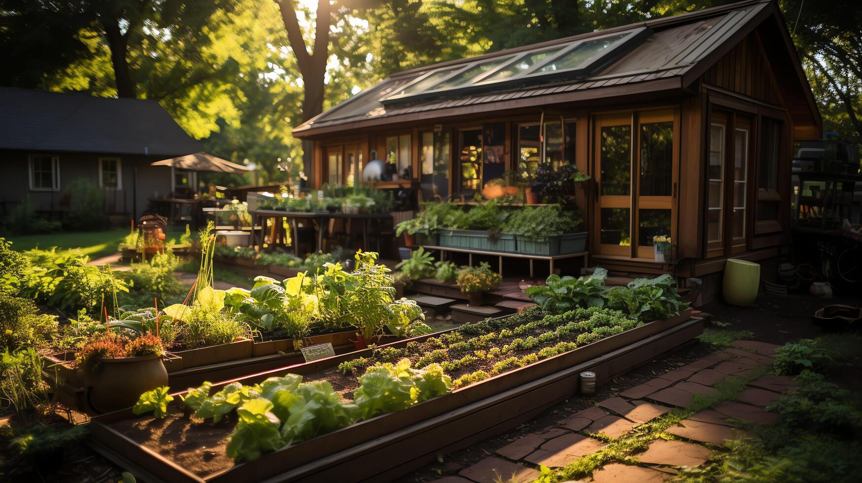 Wooden house in village with plants and flowers in backyard garden. Garden and flower on rural house concept by photo