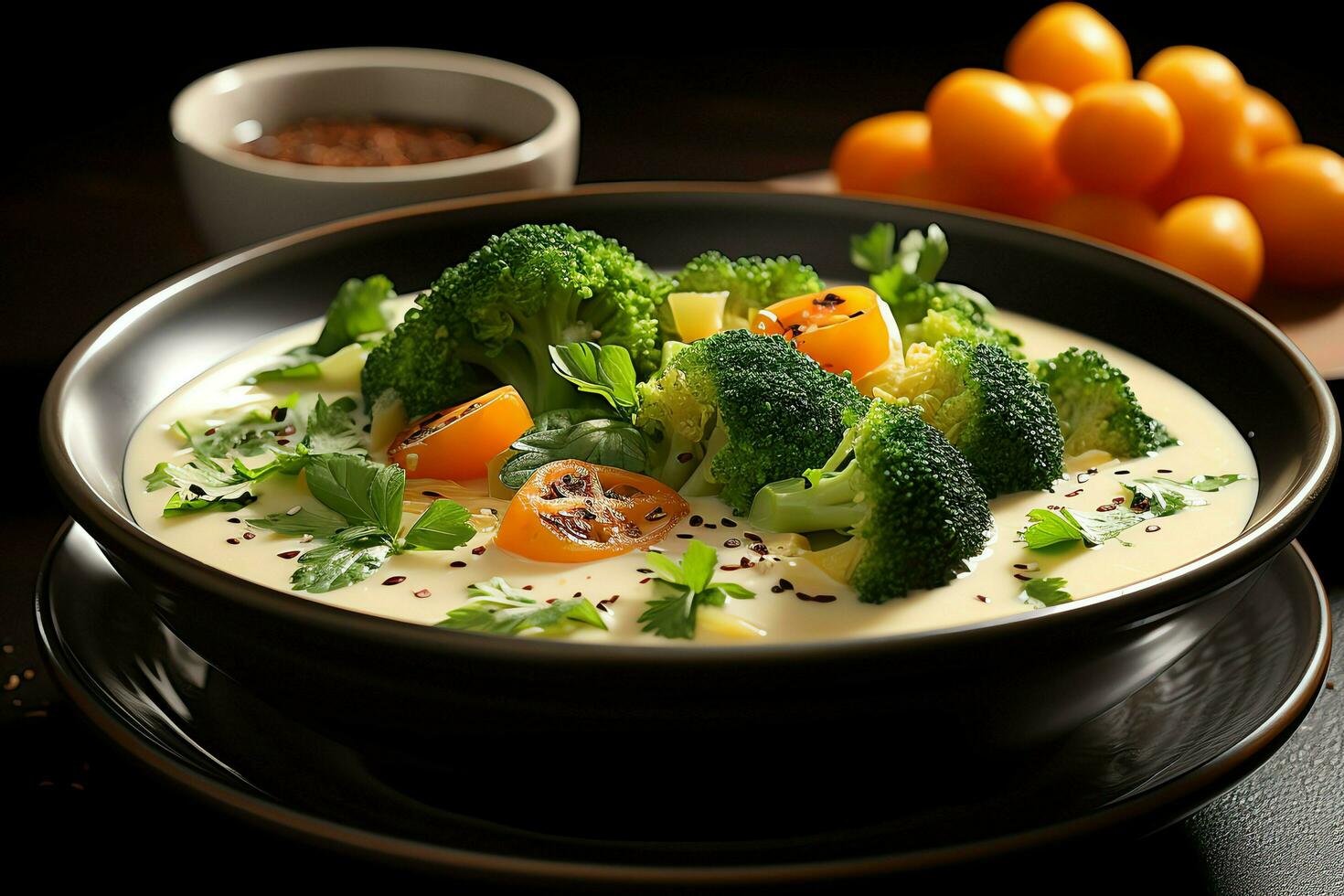 A delicious vegetables soup food in a bowl. Winter food and high protein soup meal concept by AI Generated photo