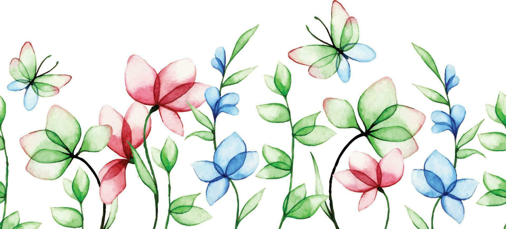 watercolor drawing, seamless horizontal border with transparent flowers and leaves. abstract plants in blue and pink. vector