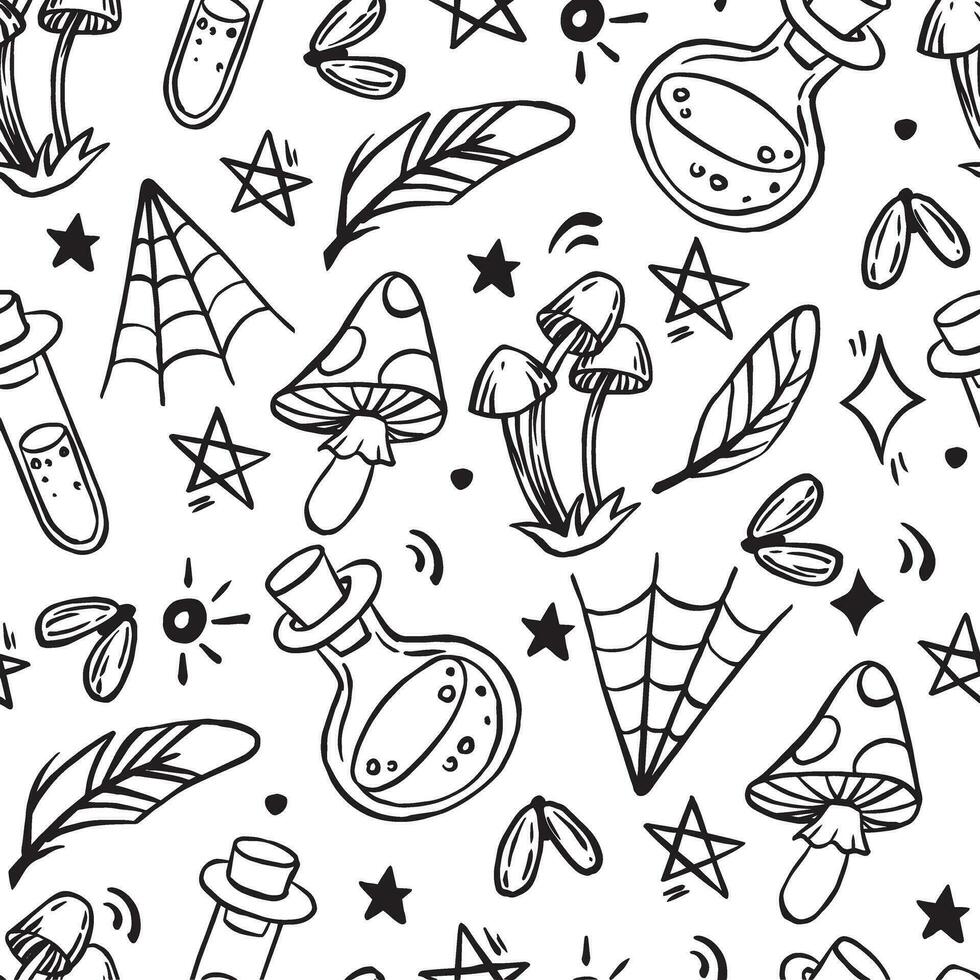 seamless pattern on the theme of magic, witchcraft. vintage black and white halloween print in hand drawing style vector
