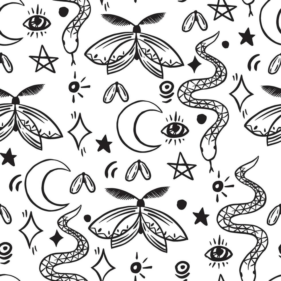 seamless pattern on the theme of magic, witchcraft. vintage black and white halloween print in hand drawing style vector