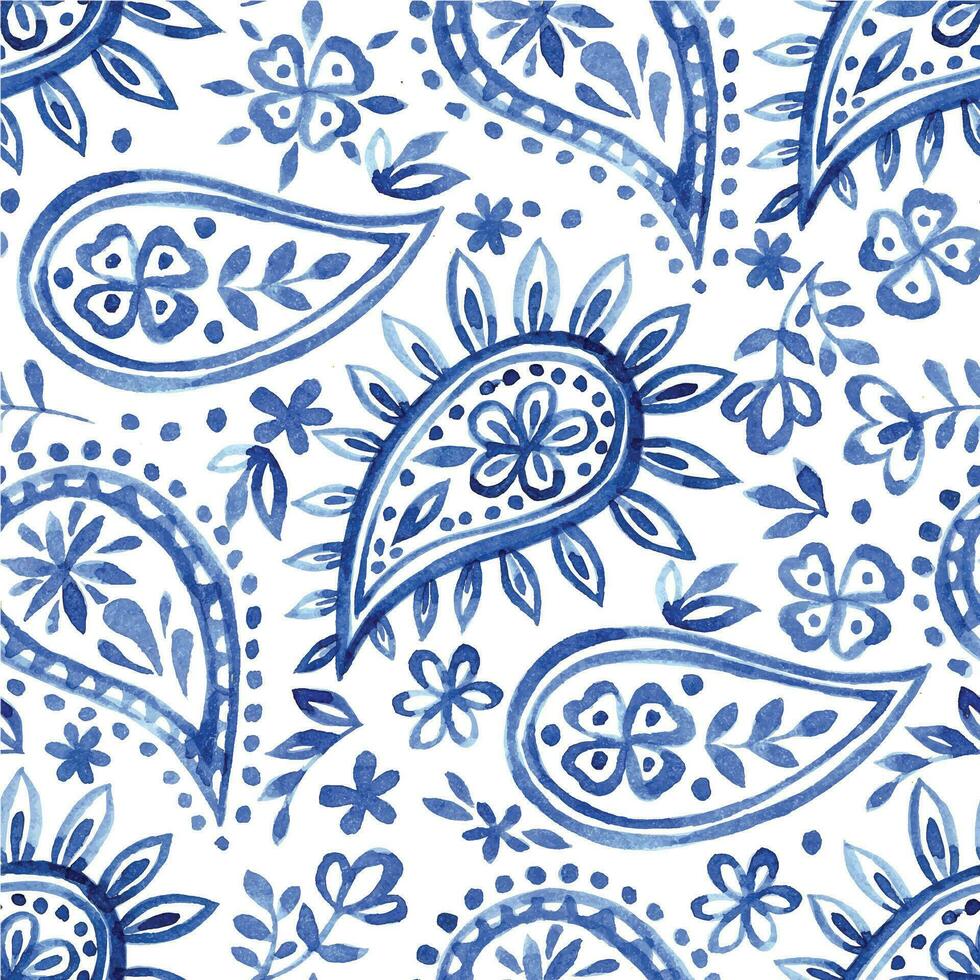 watercolor seamless pattern with oriental paisley in blue color on a white background vector