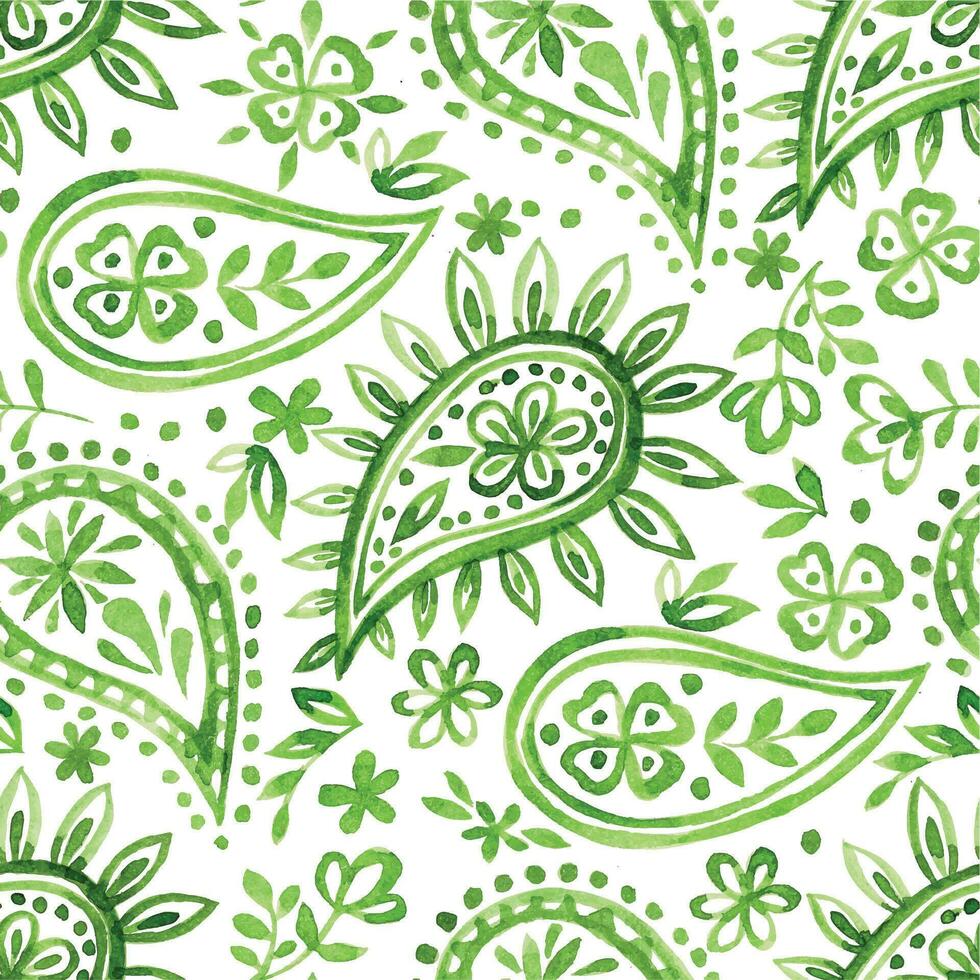 watercolor seamless pattern with oriental paisley in green color on a white background vector