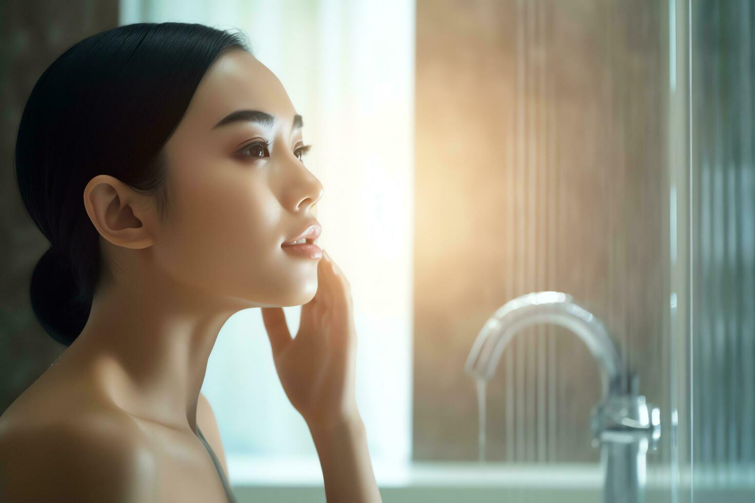Attractive freshness asian woman clean face fresh water with care look to mirror in bathroom home concept by AI Generated photo