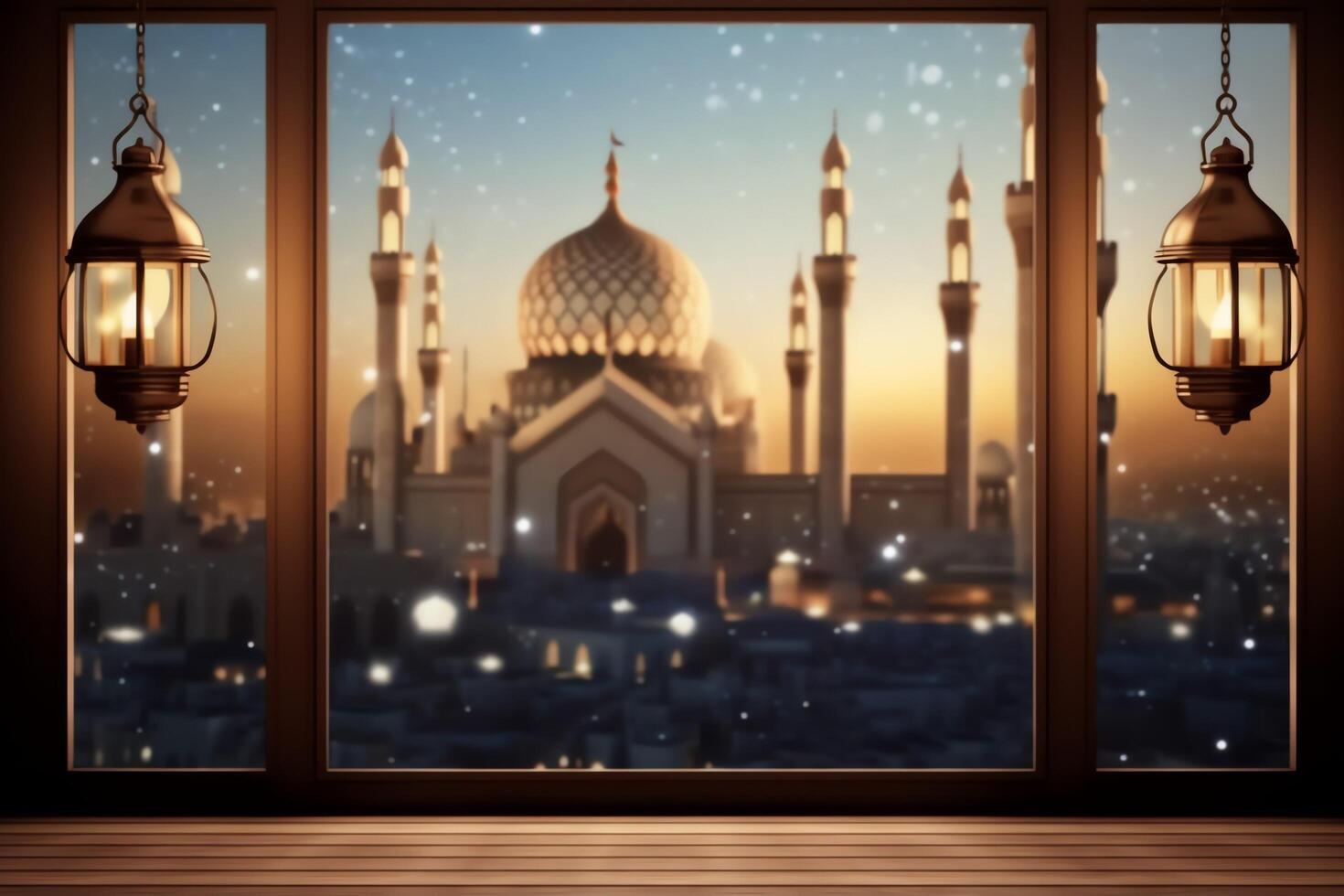 Eid mubarak and ramadan kareem greetings with islamic lantern and mosque. Eid al fitr background. Eid al fitr background of window concept by photo