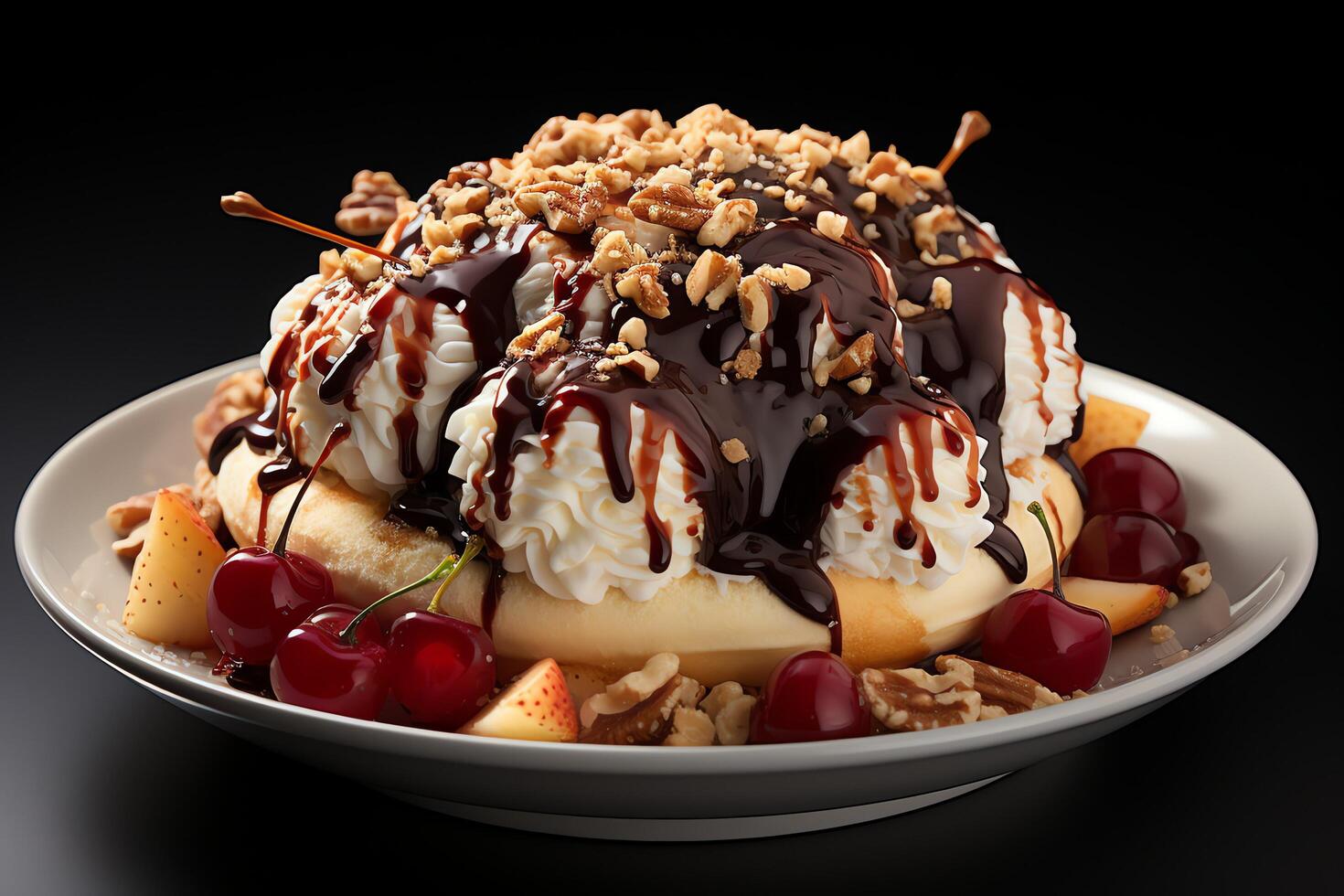 A delicious Banana split ice cream dessert with chocolate syrup. Banana split ice cream dessert by AI Generated photo