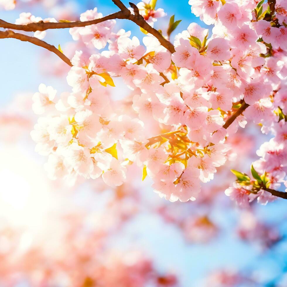 Free Spring flowers beautifully blossoming tree branch japanese cherry sakura and sun with a natural colored background. ai generations photo