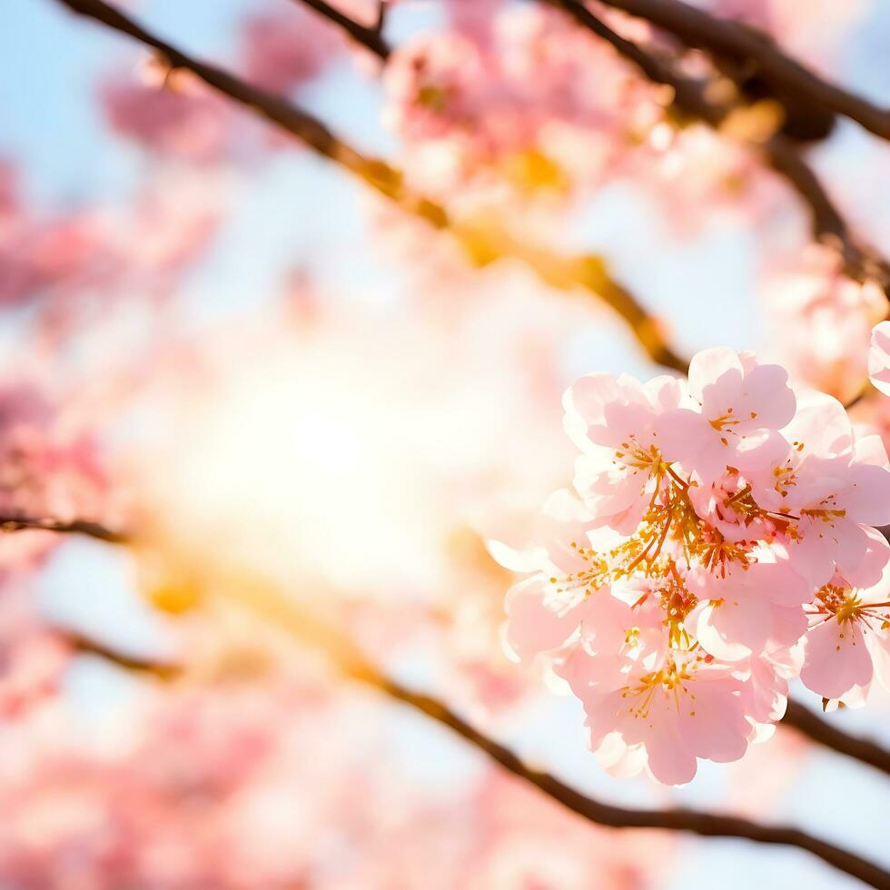 Free Spring flowers beautifully blossoming tree branch japanese cherry sakura and sun with a natural colored background. ai generations photo