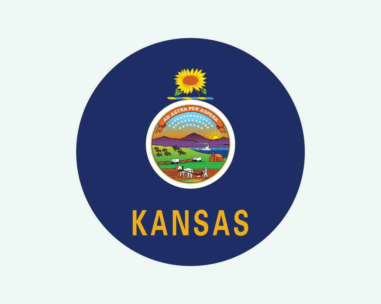 Kansas USA Round State Flag. KS, US Circle Flag. State of Kansas, United States of America Circular Shape Button Banner. EPS Vector Illustration.