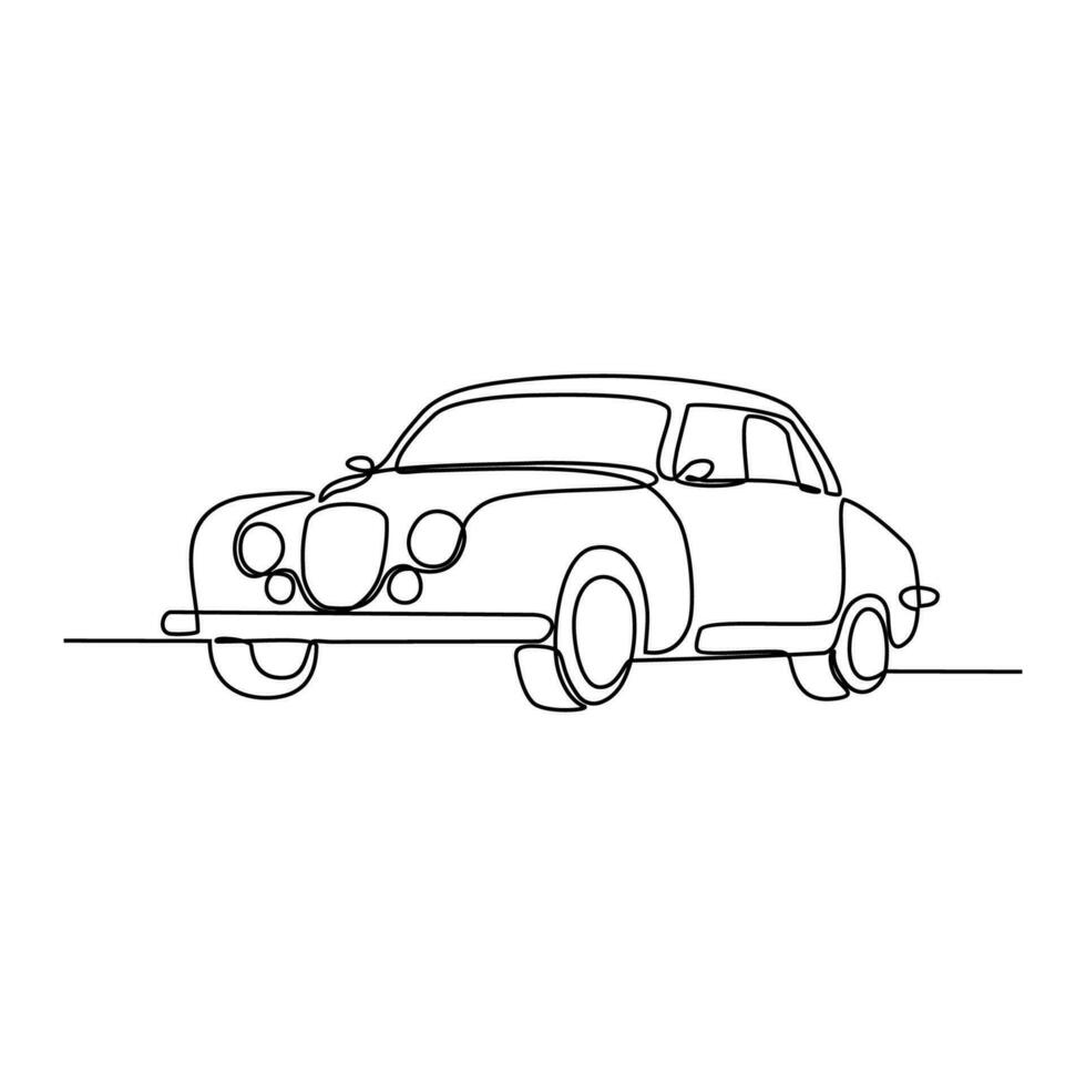 One continuous line drawing of car as land vehicle with white background. Land transportation design in simple linear style. Non coloring vehicle design concept vector illustration