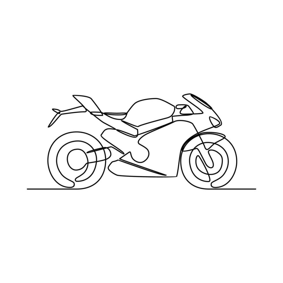 One continuous line drawing of motorcycle as land vehicle with white background. Land transportation design in simple linear style. Non coloring vehicle design concept vector illustration