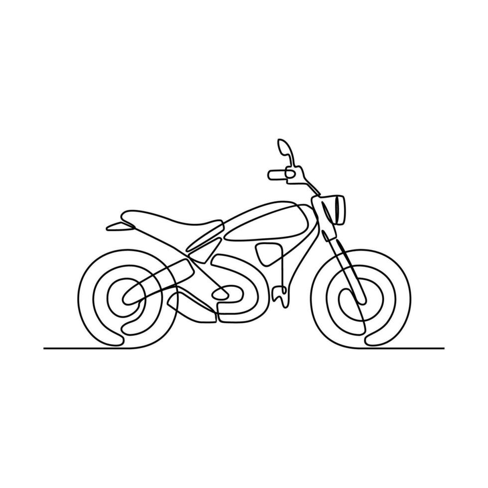 uno continuo línea dibujo de motocicleta como tierra vehículo con blanco antecedentes. tierra transporte diseño en sencillo lineal estilo. no colorante vehículo diseño concepto vector ilustración