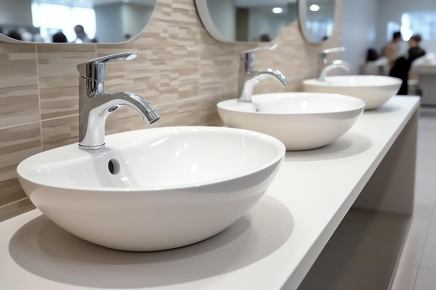 Modern public bathroom with row of white ceramic wash sink basins and faucet with mirror in restroom concept by photo