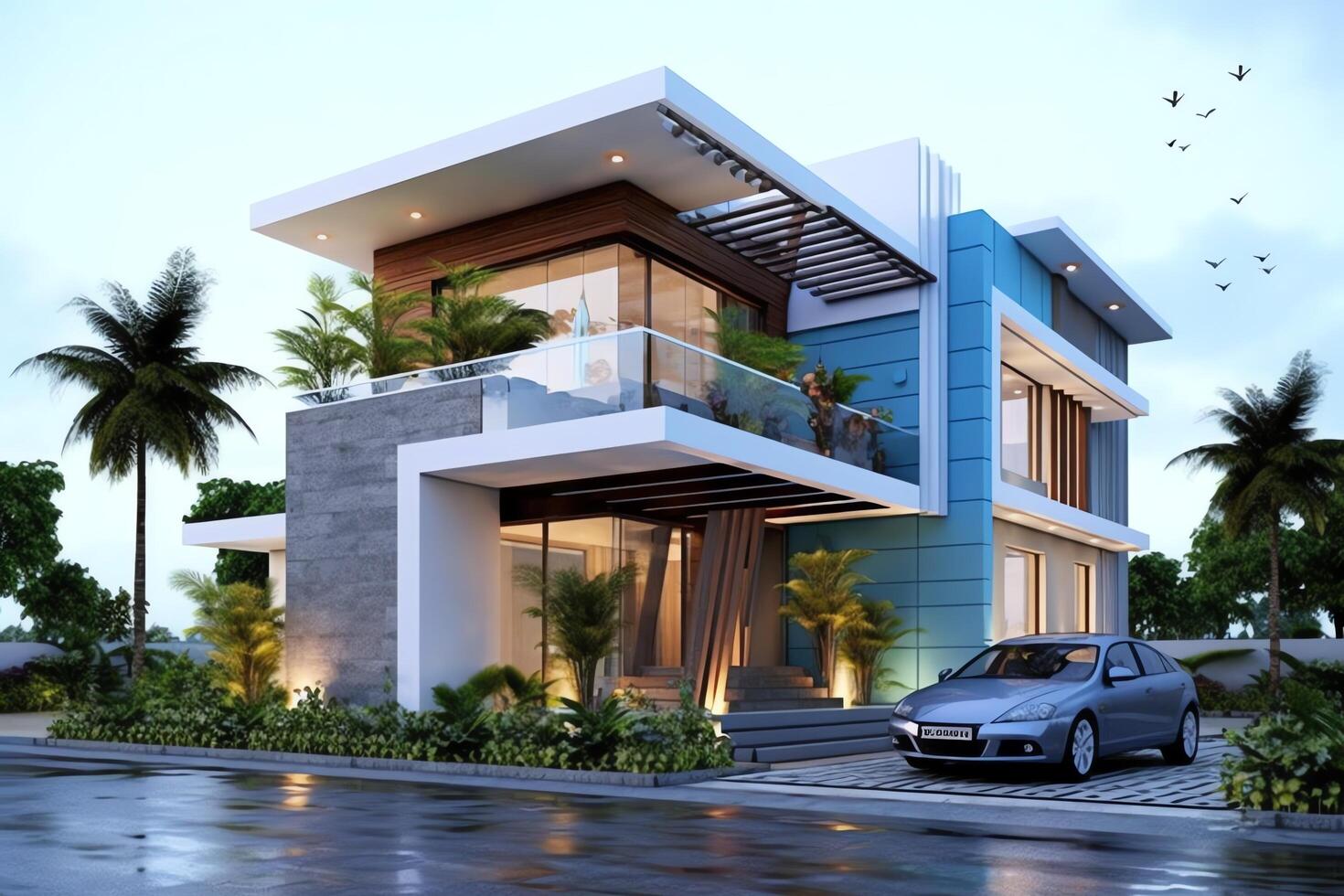 Beautiful modern house exterior with carport. Modern residential district and minimalist building concept by photo