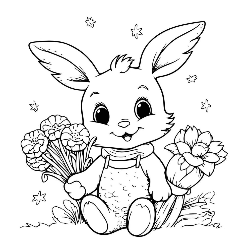 Rabbit with a bouquet coloring page drawing for kids vector