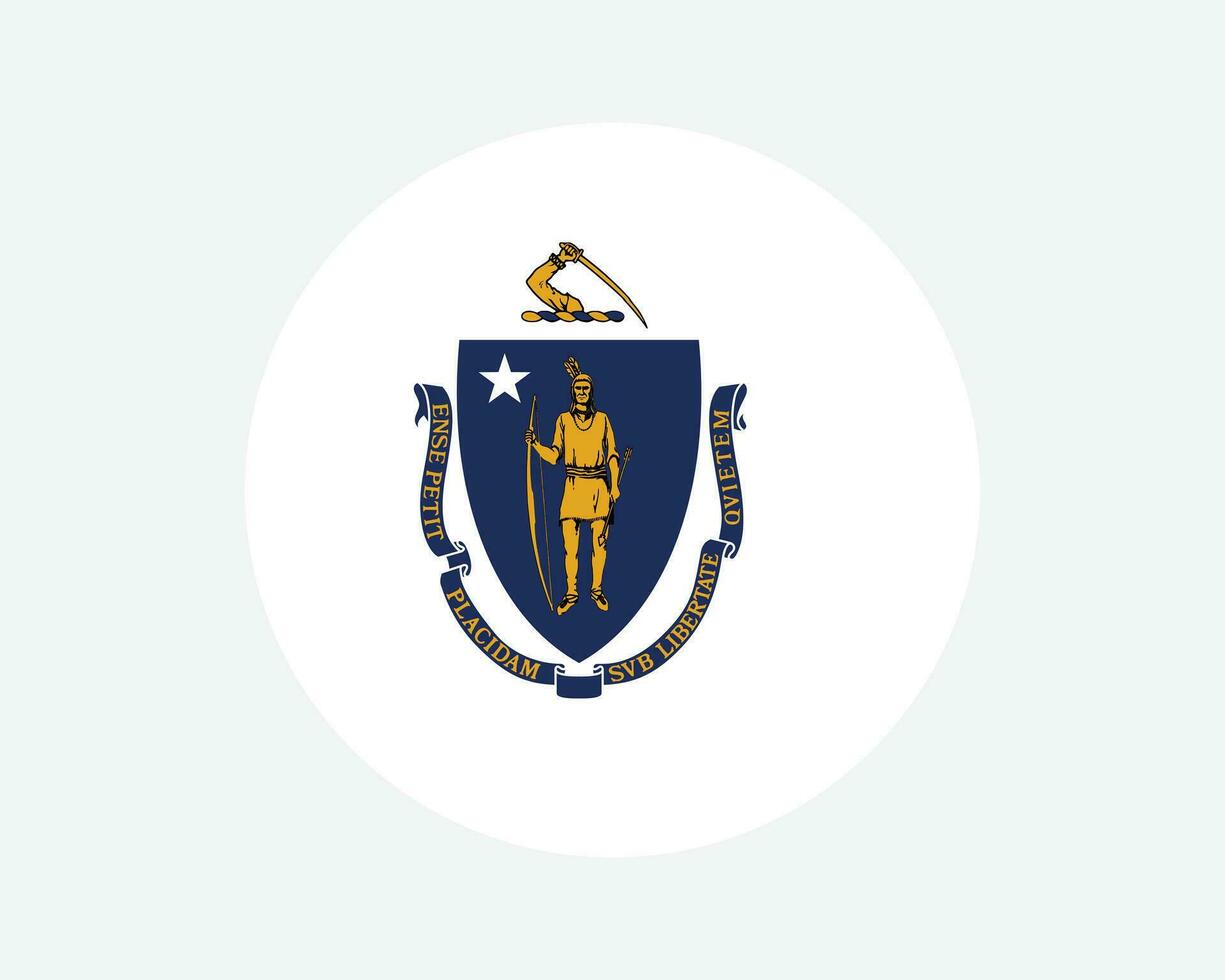Massachusetts USA Round State Flag. MA, US Circle Flag. State of Massachusetts, United States of America Circular Shape Button Banner. EPS Vector Illustration.