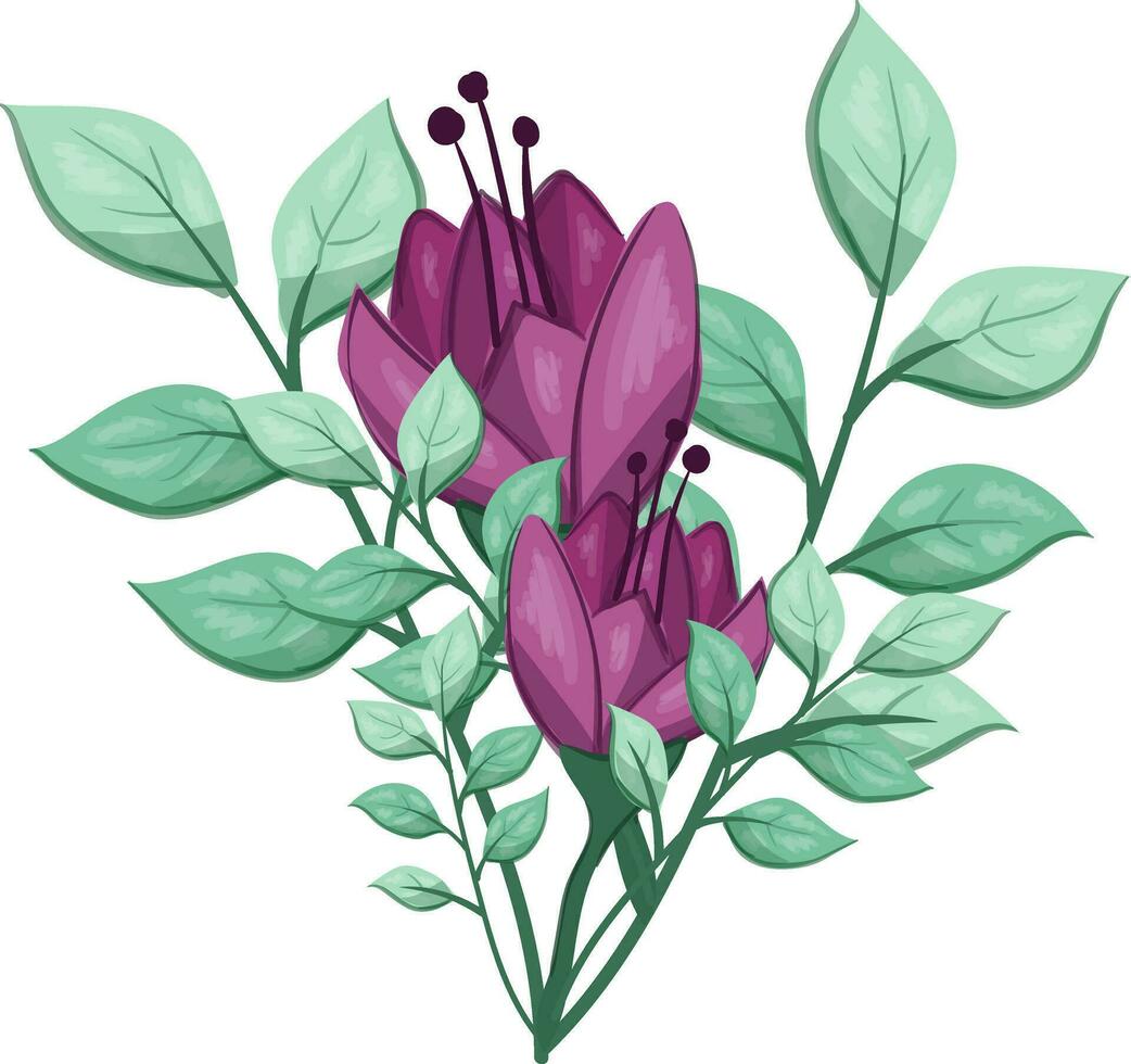 Illustration of a Purple Flower with Green Leaves on a White Background vector