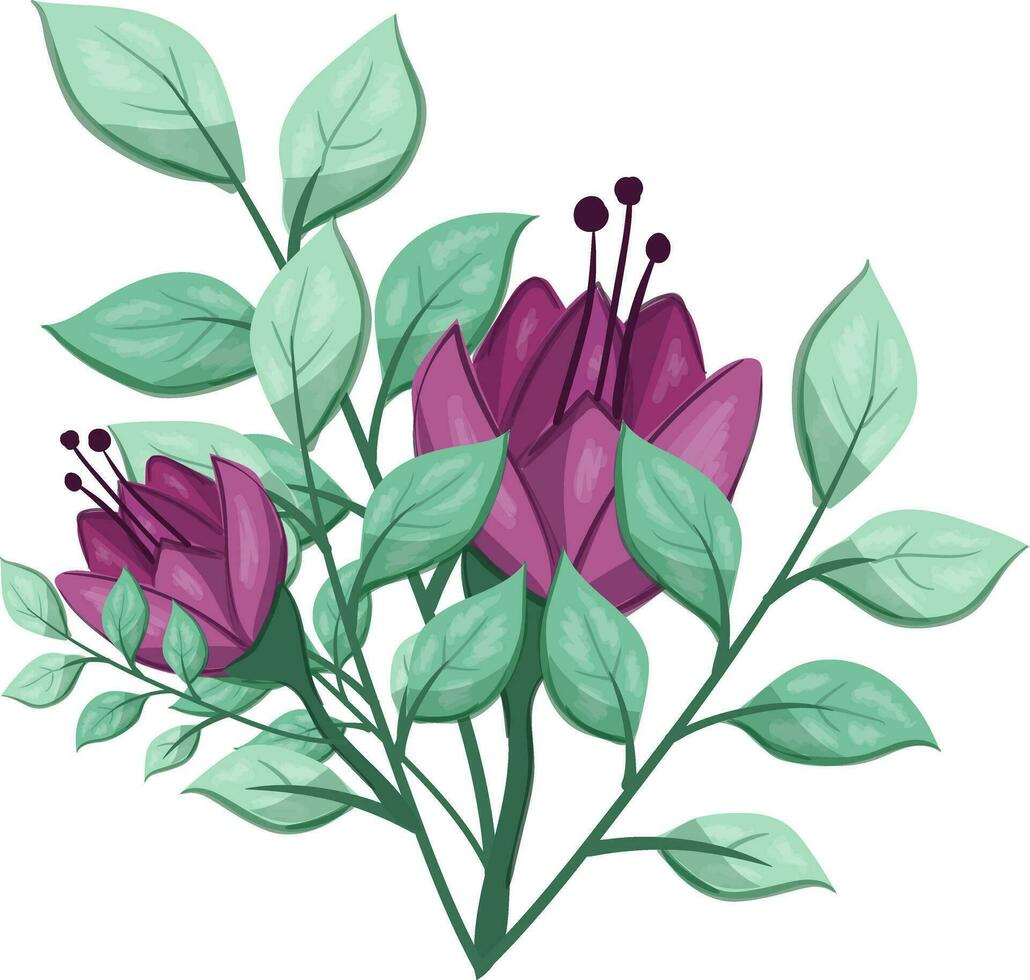 Illustration of a Purple Flower with Green Leaves on a White Background vector