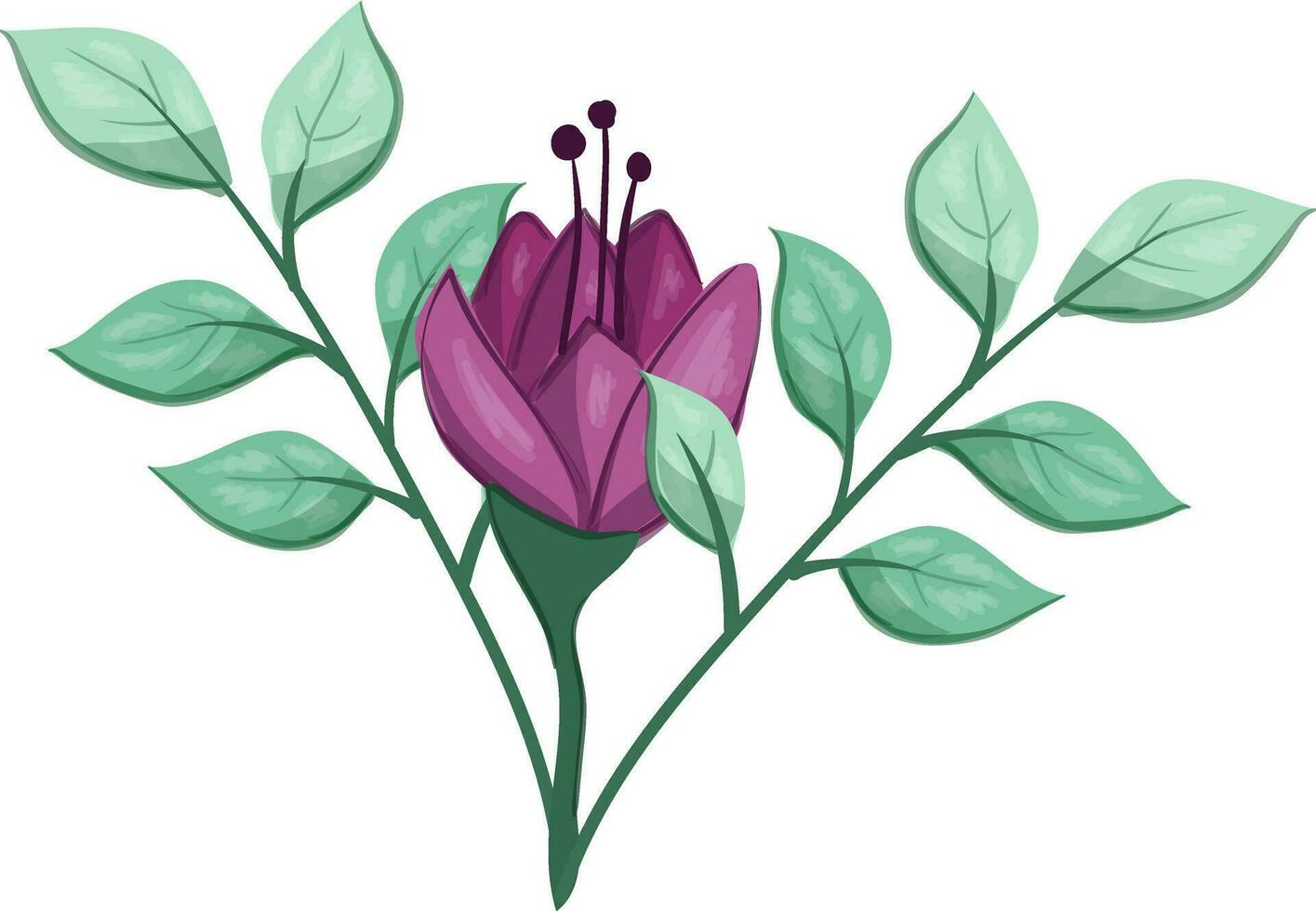 Illustration of a Purple Flower with Green Leaves on a White Background vector